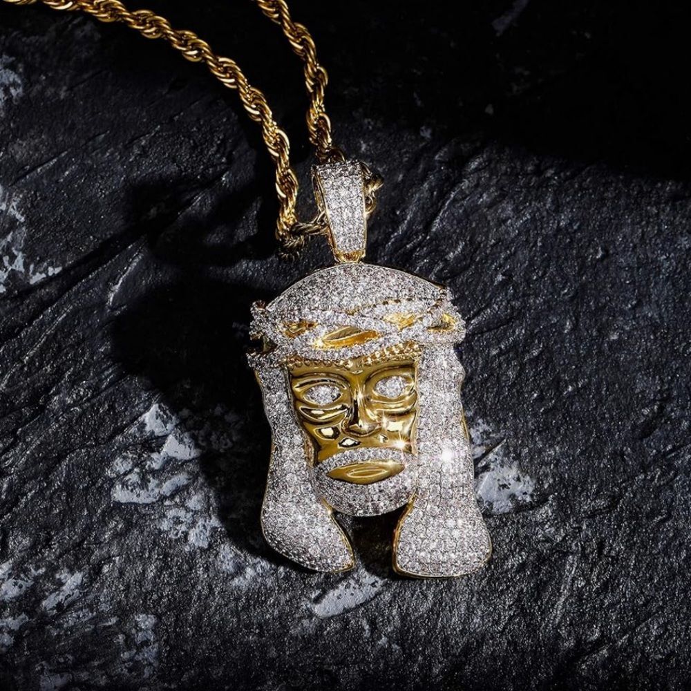 14K Gold Jesus Pendant Necklace Simulated Diamonds Iced Out + Rope Chain 24”
